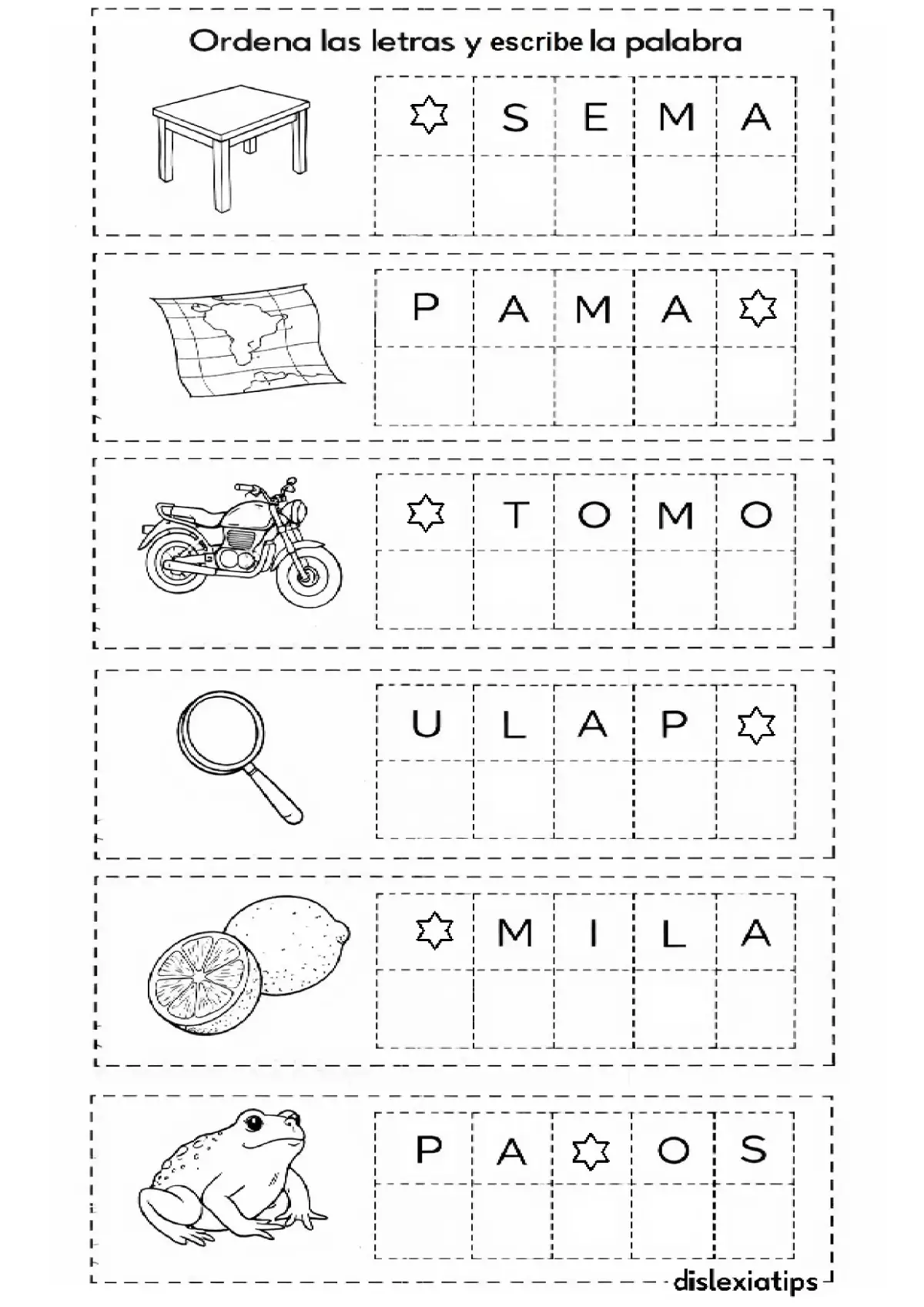 Actividad para ordenar letras desordenadas y escribir mesa, mapa, moto,lupa, lima, sapo