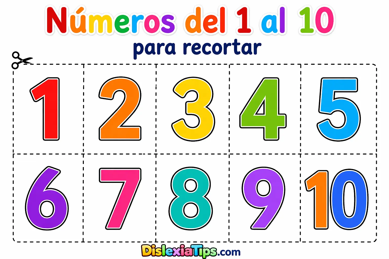 Números del 1 al 10 de colores para recortar actividad imprimible infantil de reconocimiento numérico