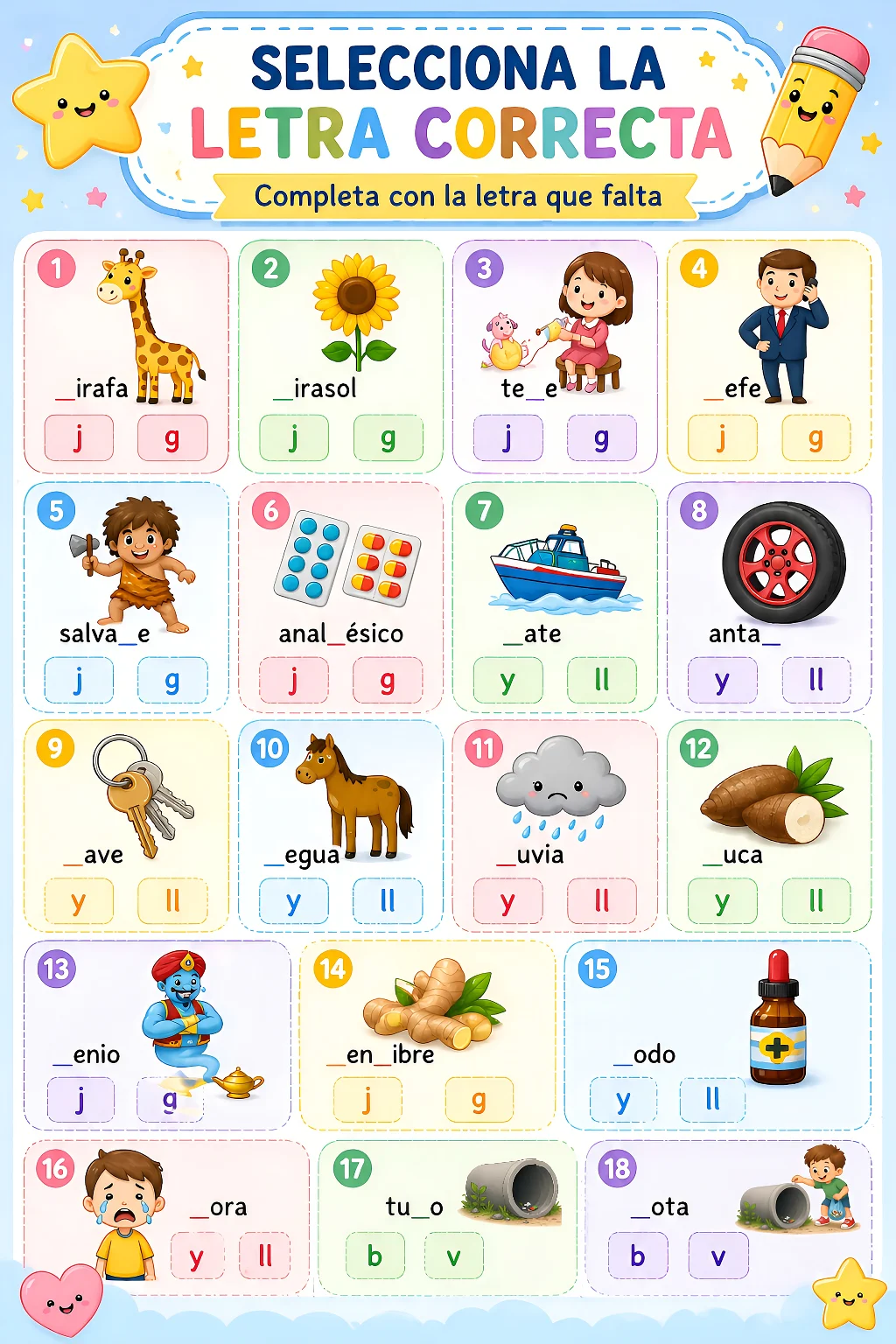 Ejercicio seleccionar la letra correcta j g y ll b v para niños con dislexia visual de superficie