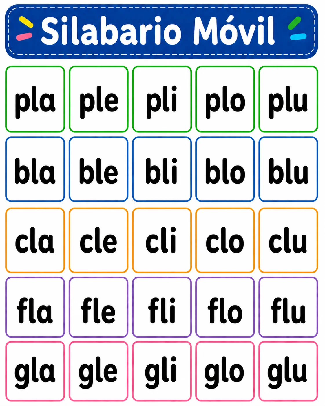 silabario móvil con sílabas trabadas pla bla cla fla gla y combinaciones con otras vocales para lectura inicial