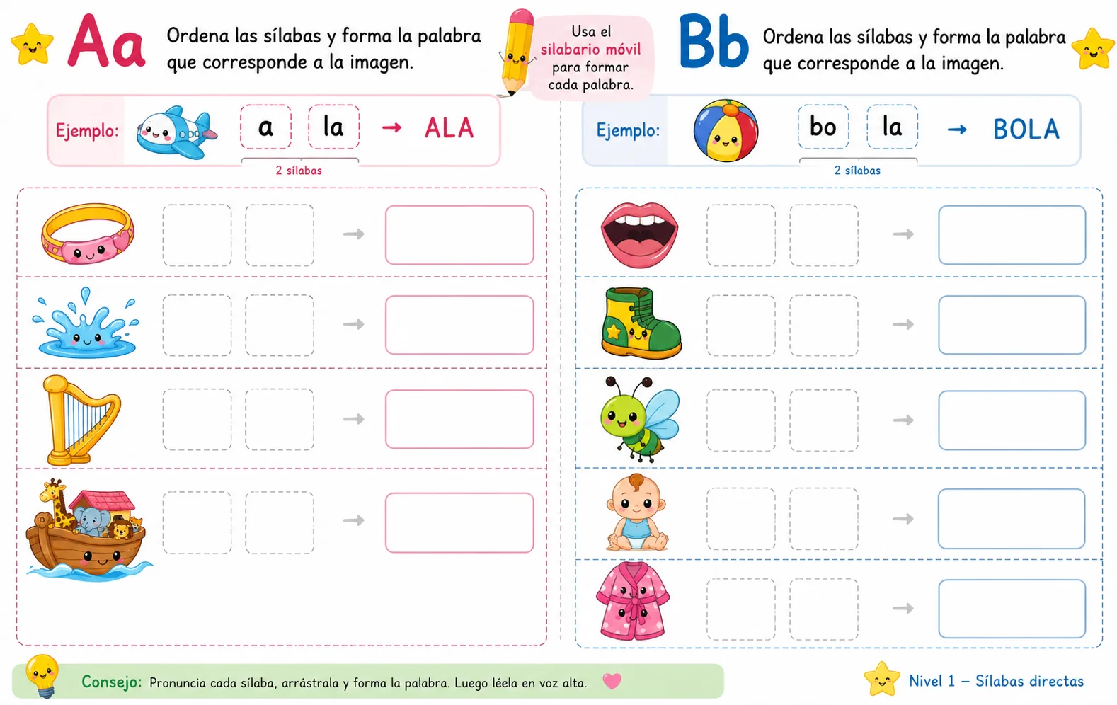 tarjeta actividad silabario movil ordenar silabas letras a b formar palabras con imagenes lectura inicial