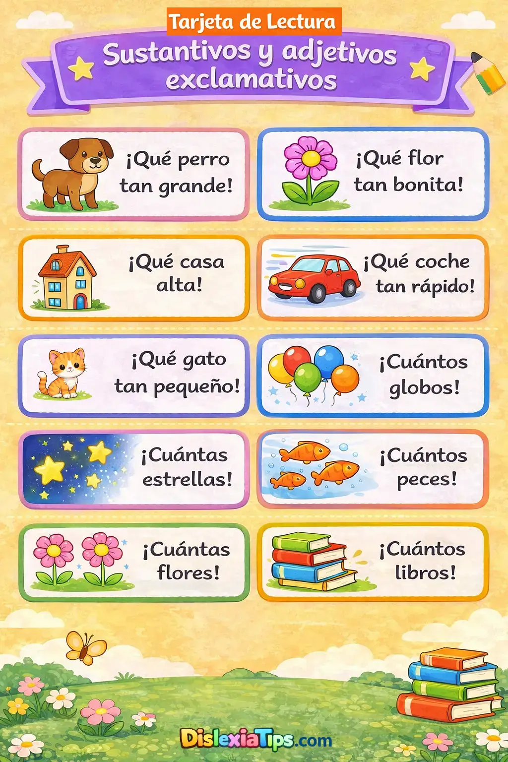 Tarjeta de lectura de sustantivos y adjetivos exclamativos para niños material imprimible con frases expresivas