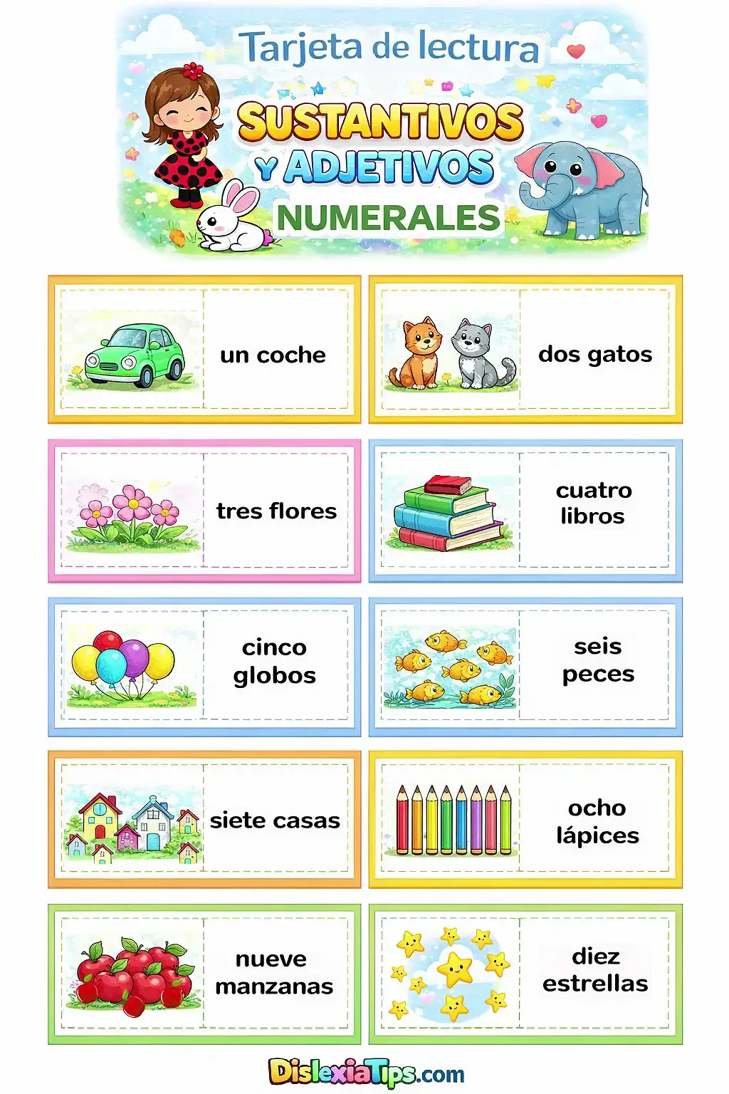 Tarjeta de lectura grande y colorido dominó de sustantivos y adjetivos numerales para niños