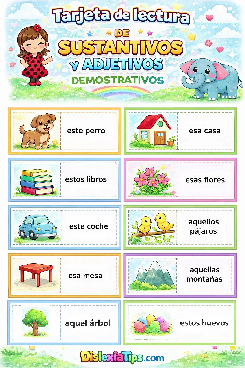 Tarjeta de sustantivos y adjetivos demostrativos para niños material imprimible primaria