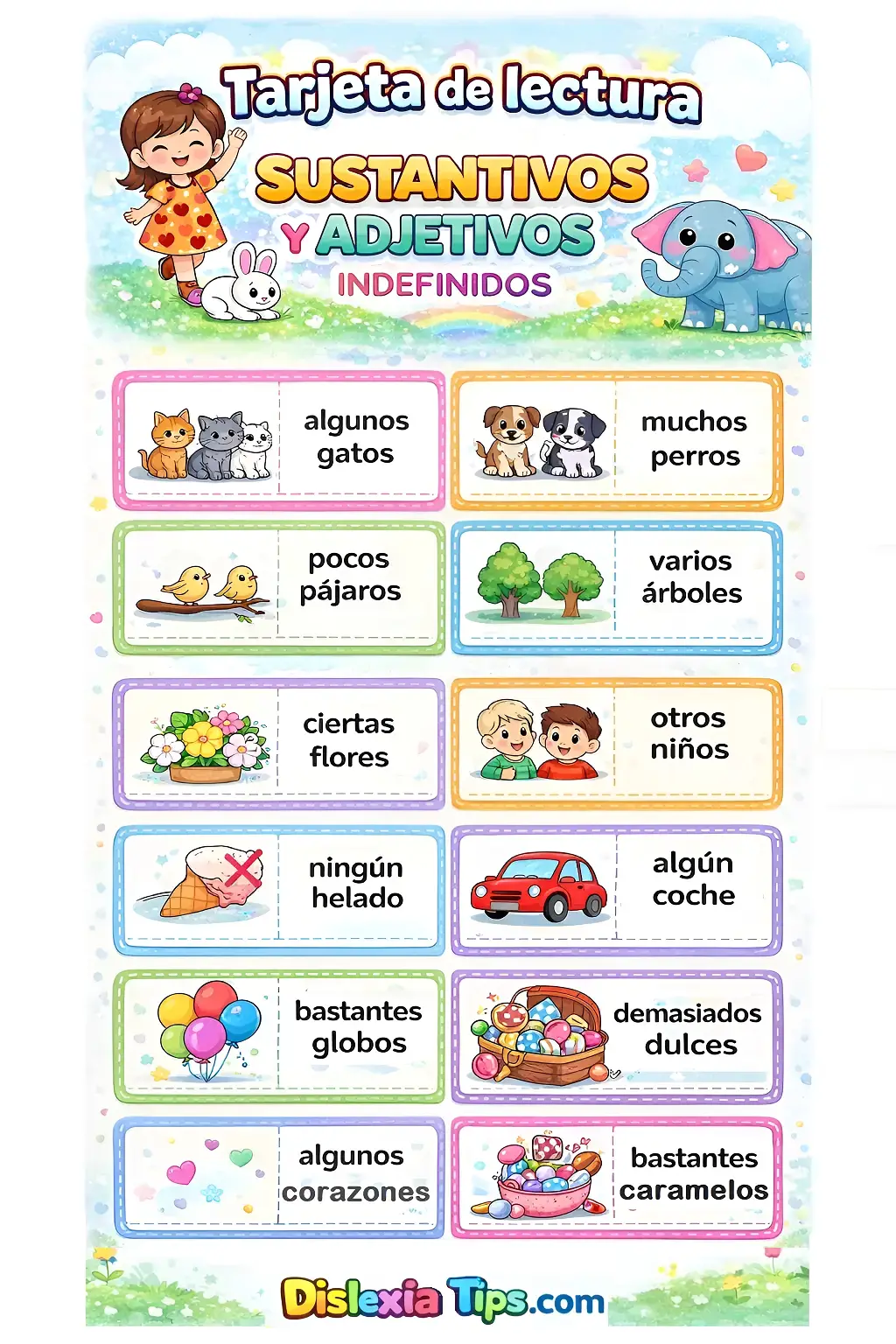 tarjeta de lectura de sustantivos y adjetivos indefinidos para niños material educativo primaria