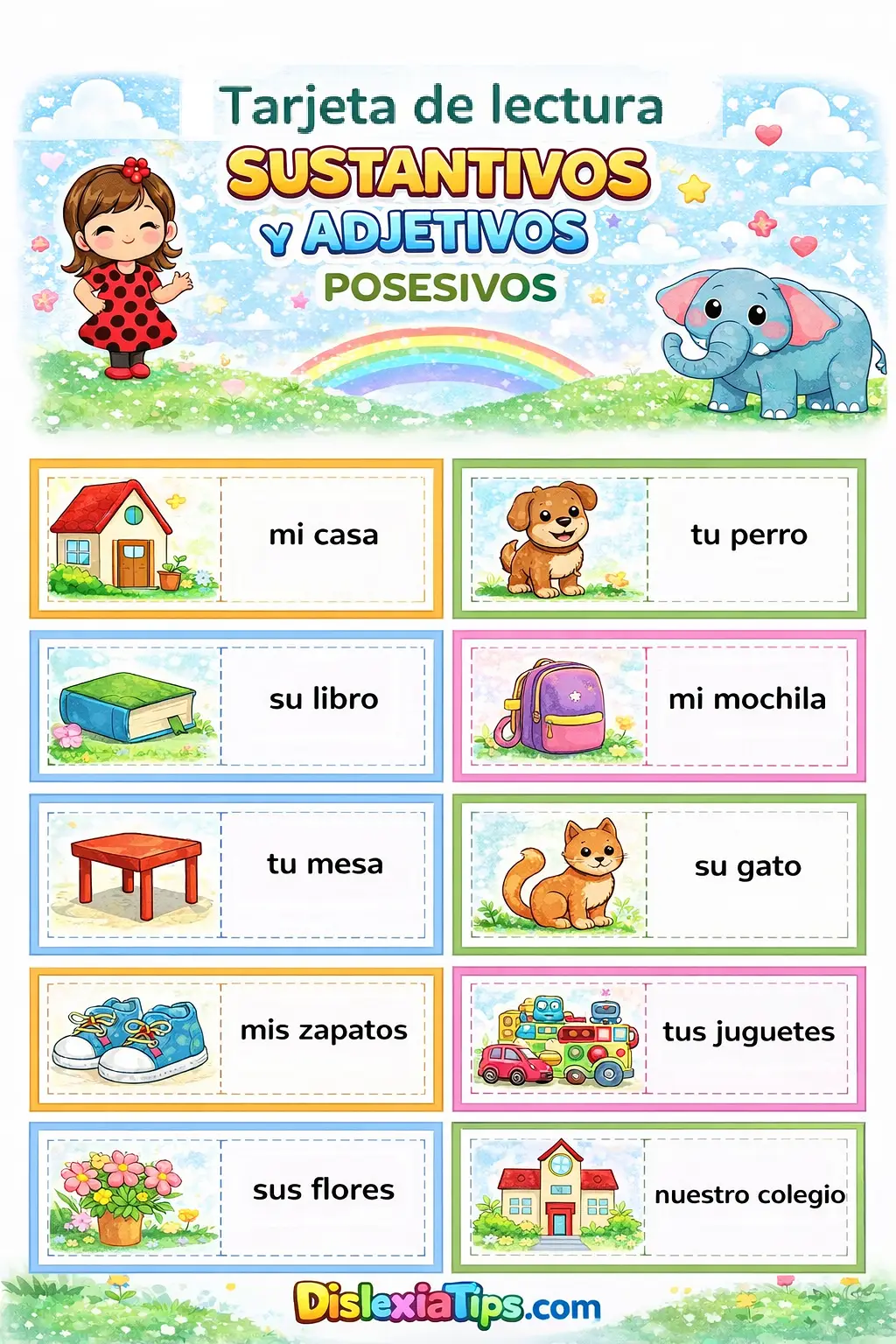 tarjeta de lectura de sustantivos y adjetivos posesivos para niños material educativo primaria