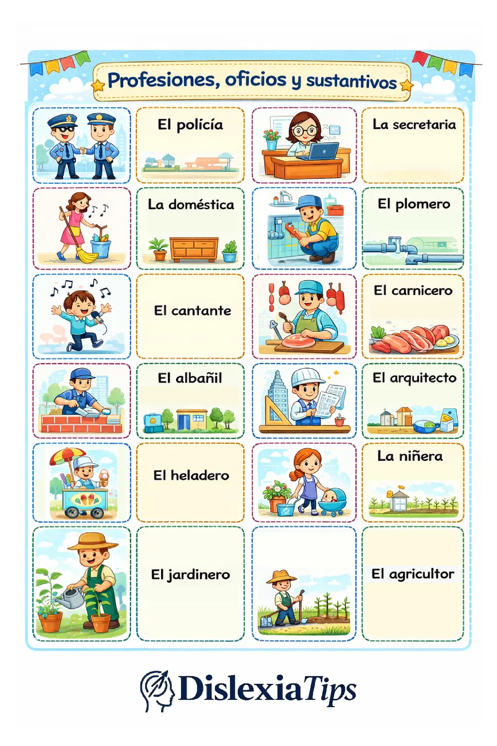 Tarjetas de profesiones y sustantivos para mejorar memoria visual, lectura y ortografía en niños