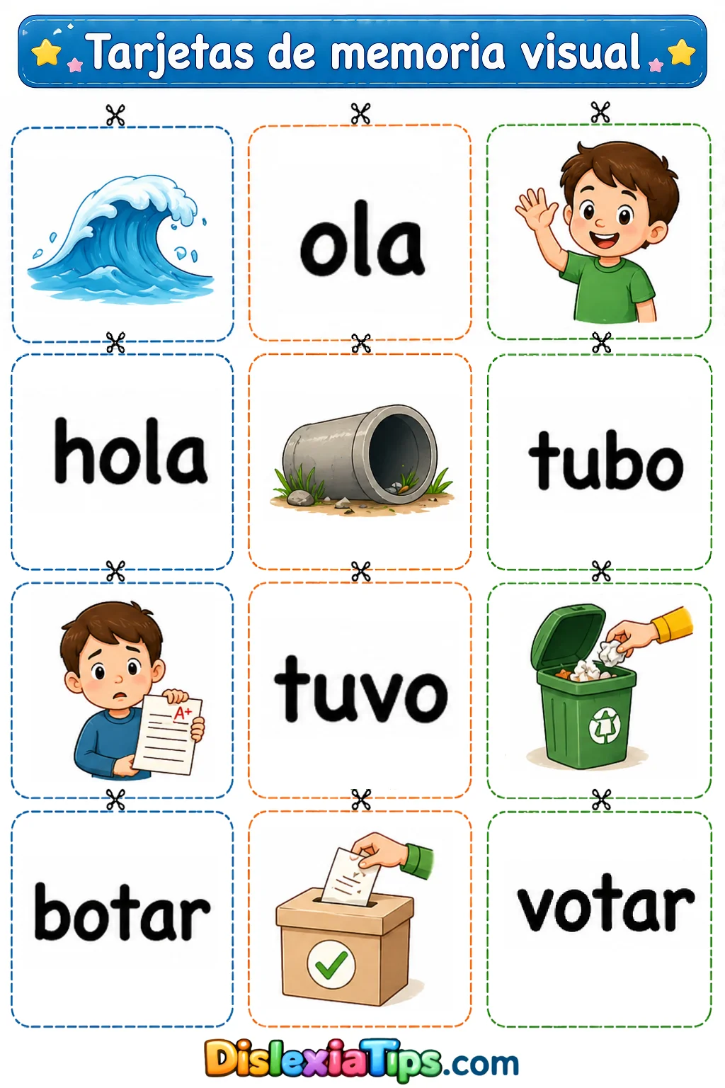 Tarjetas de memoria visual con palabras homófonas ola hola tubo tuvo botar votar hierva hierba para niños con dislexia visual de superficie