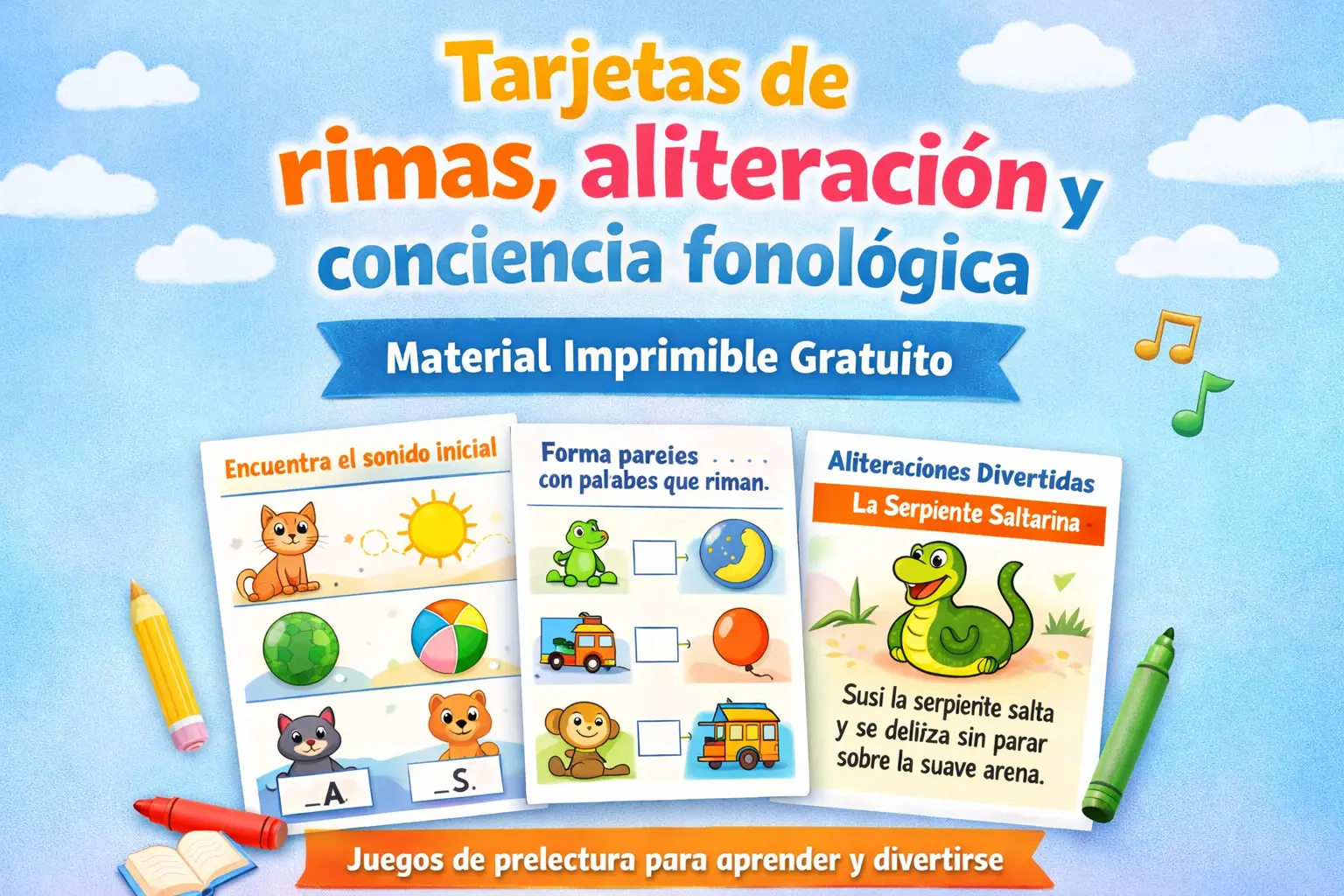 Tarjetas de rimas y aliteración para desarrollar la conciencia fonológica en niños – material imprimible gratuito