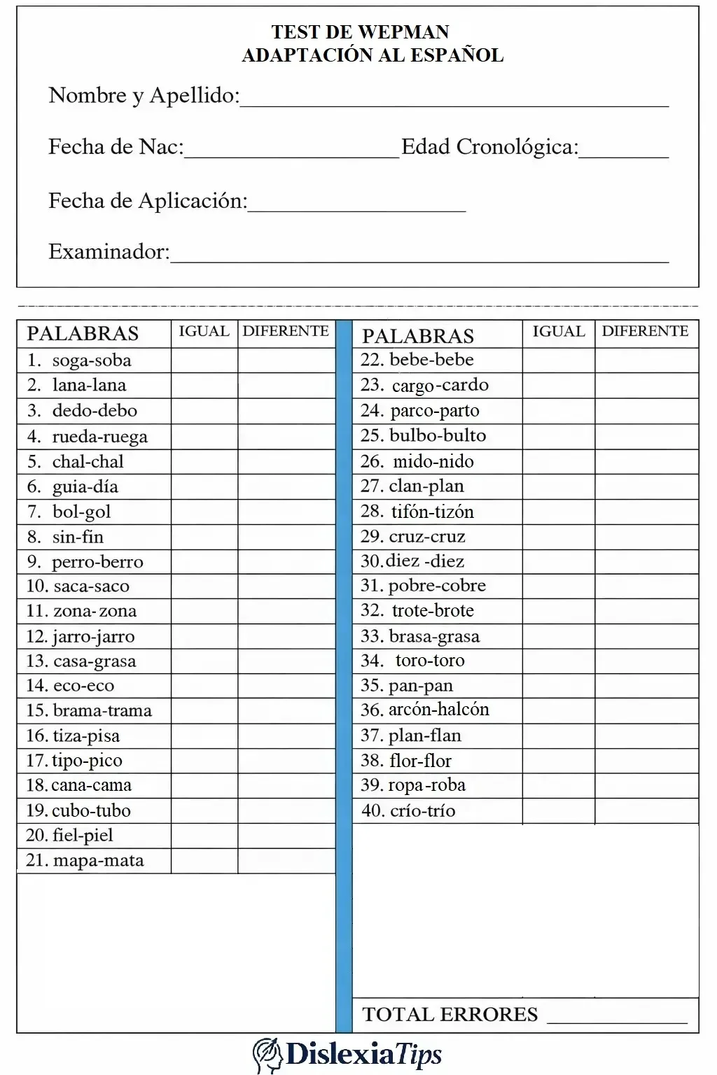 Lista de palabras del Test de Wepman adaptado para evaluar la discriminación auditiva en niños
