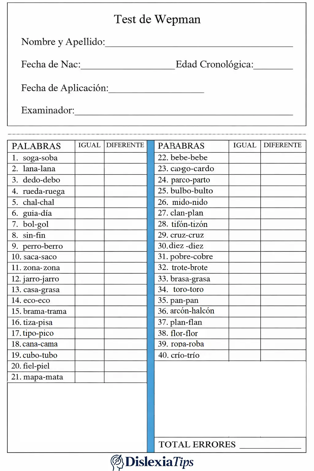 Lista de palabras del Test de Wepman para evaluar la discriminación auditiva en niños